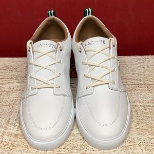 Lacoste Baylis 9.5 NWOT White Leather Sneakers Lace Up Alligator Logo Pull Tabs